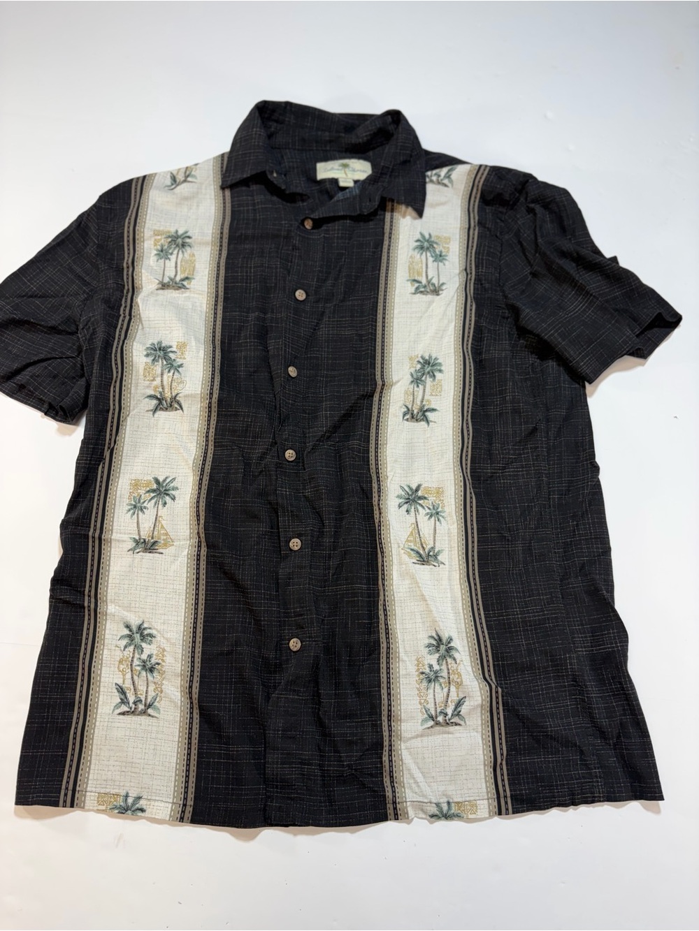 Island Shores Black 100% Rayon Palm Tree Vertical Panel Hawaiian Shirt Size L